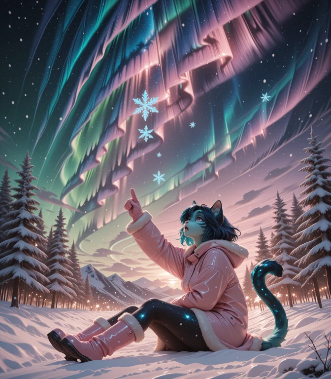 1girl, Solo, Anthro, Cat Girl, Aqua Fur, Dark Blue Hair, Pin...