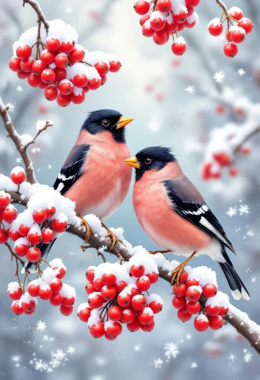 The Image Depicts A Pair Of Eurasian Bullfinches Perched On...
