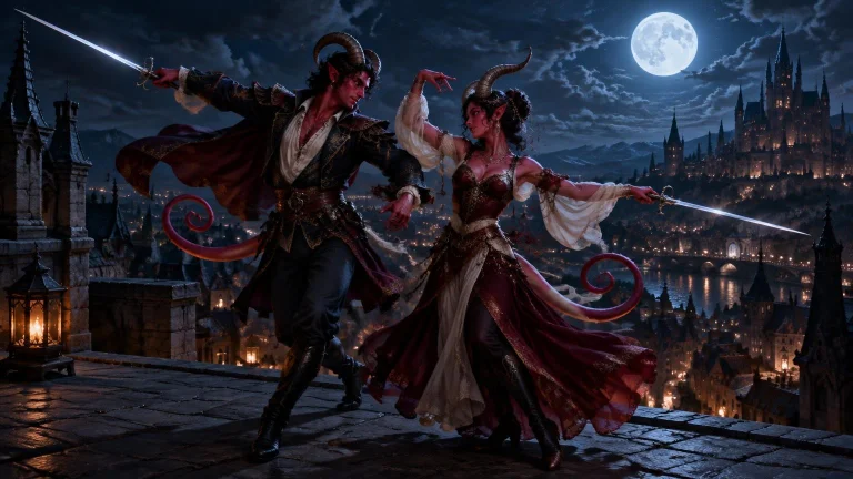 A Cinematic Duo Of Tiefling Bards Performing An Elegant Roof...