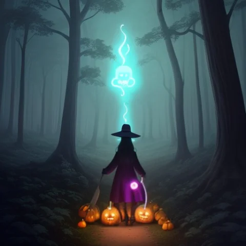 A Witch A Neon Ghost And A Skeleton Walking In A Haunted Dig... — Stable Diffusion AI Prompt: a witch a neon ghost and a skeleton walking in a haunted digital cartoon forest...