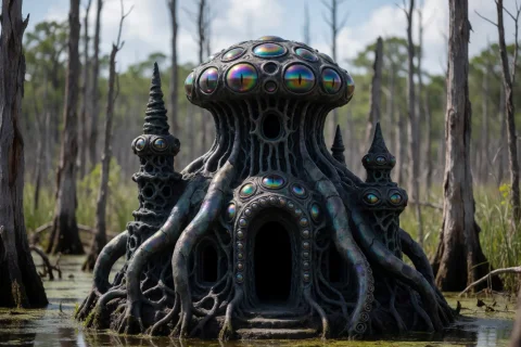 Alien Swamp Temple Prompt — Stable Diffusion AI Prompt: an alien temple made from organic living tissue, with multiple eyes, sucker mout...