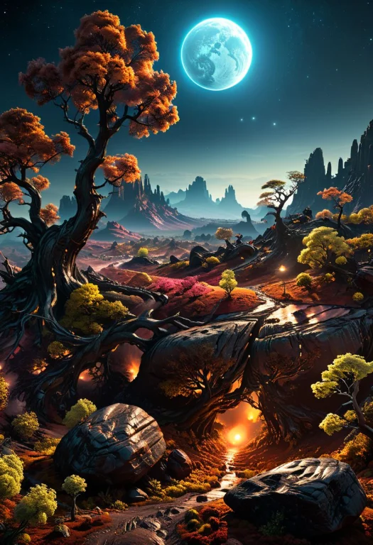 Landscape Of A Dark Far Away Planet, Rock And Organic Soil,...