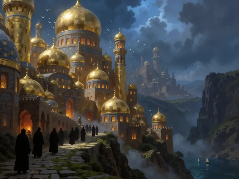Golden Domed City On Cliff At Dusk Robed Figures Walking Pat...