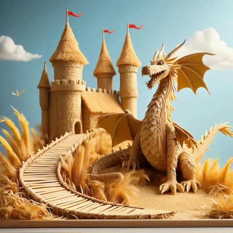 Masterpiece, Best Quality, A Medieval Castle Made Of Straw,... — SDXL AI Prompt: Masterpiece, best quality, a medieval castle made of straw, a funny dragon with...