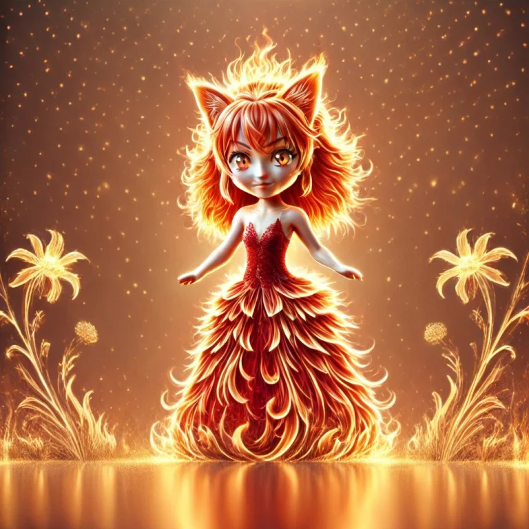 A 3d Chibi Anime Red Hair Cat Girl Wear Fire Dresses