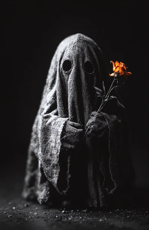 A Small, Draped Ghost Figure Stands Centrally In A Dark, Voi...