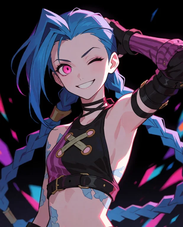 Cinematic Shot Of Jinx, Extremely Long Ponytail, Winking, Ma...