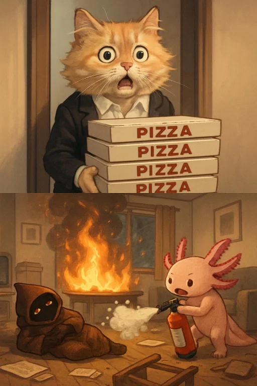Generate Me A Funny Cute 2 Panel Comic Image. In The First P...