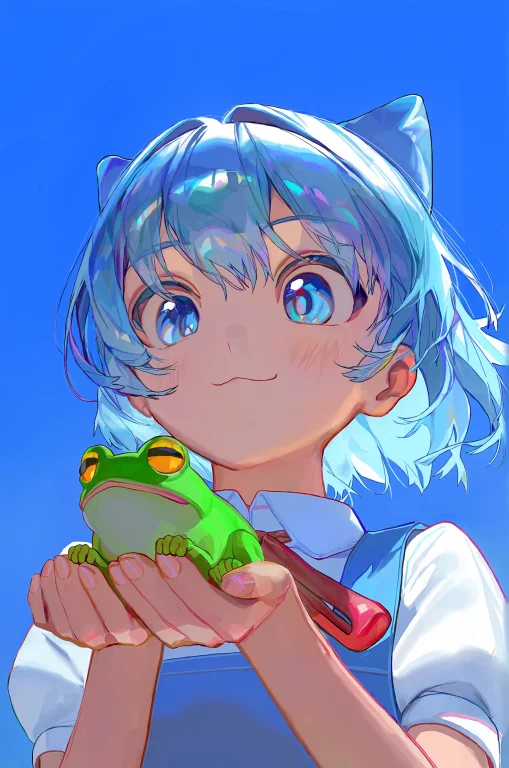 1girl, Cirno, Holding, Frog, Blue Sky, Upper Body, 3, Score7...