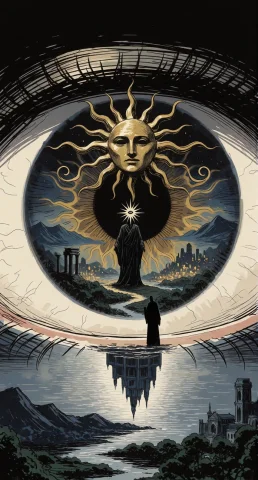 A Gigantic Realistic Human Eye Floats Horizontally Across An... — Stable Diffusion AI Prompt: A gigantic realistic human eye floats horizontally across an endless dark landsc...