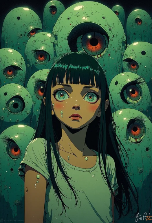 Anime,cyberpunk, A Young Girl With Large, Apprehensive Eyes...