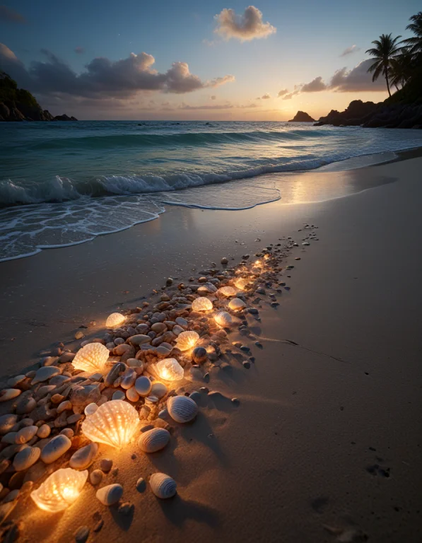 Enchanted Beach With Glowing Shells, Wide Angle View1.2, Bea...
