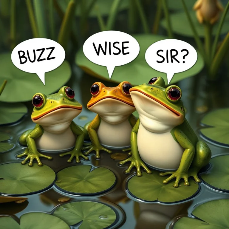 Three Frogs, Photorealistic, Swamp, Lily Pads, Speech Bubble...