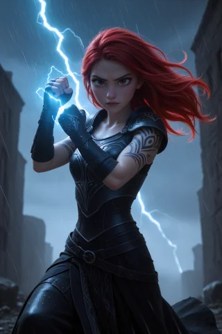 Solo, Female Sorceress, Battle-worn Armor, Crackling Blue Li... — Stable Diffusion AI Prompt: solo, female sorceress, battle-worn armor, crackling blue lightning coiling arou...