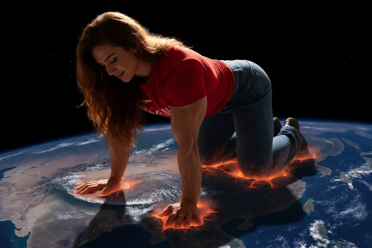 A Full-frame View Shows A Muscular Giantess On All Fours, Po...