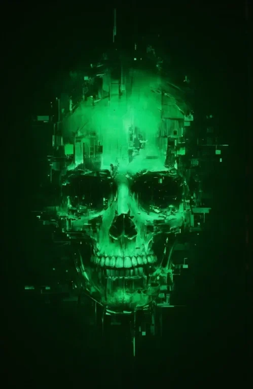 Concept Art,stylized Skull Green Light Glitch Art Digital Me...