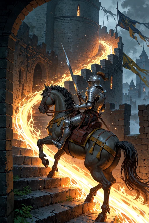 , Knight Riding A Horse Up A Spiral Castle Ramp Torchlight S...