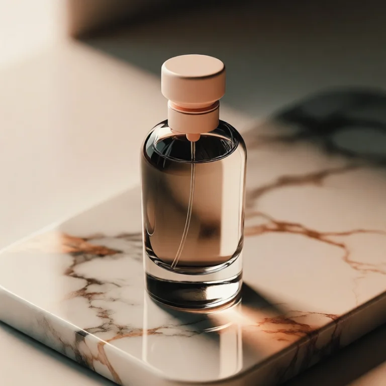 A Slender Glass Perfume Bottle Standing On A Polished Marble...