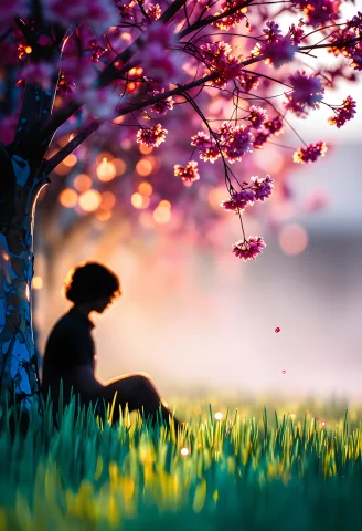 The Close-up Side Profile Of A Silhouetted Figure Sitting Un... — Stable Diffusion AI Prompt: The close-up side profile of a silhouetted figure sitting under a cherry blossom...