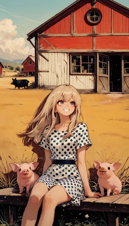 1woman, 1pig, Polka Dot Summer Dress, Sitting, Happy, Barn,...
