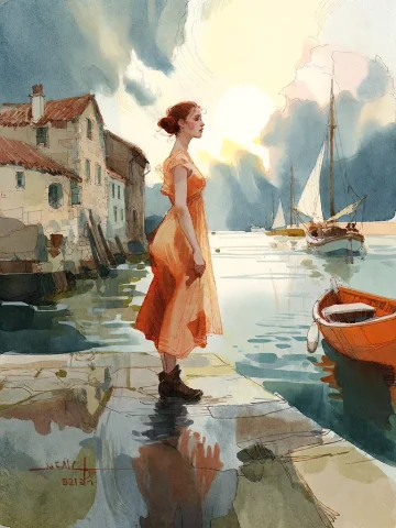 Bradhamel Art Style. A Watercolor-style Painting Of A Lone Y... — Stable Diffusion AI Prompt: Bradhamel art style. A watercolor-style painting of a lone young woman in an ora...