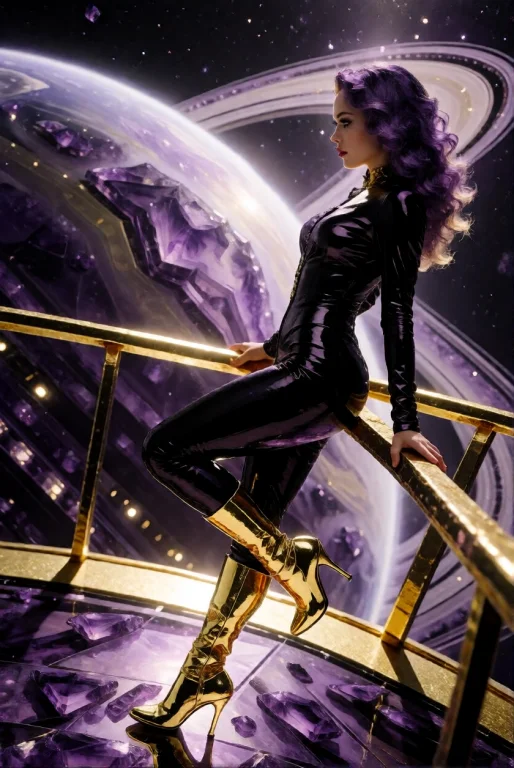 Goldamethystworld, A Woman In Black Vinyl Catsuit Leaning Ag...