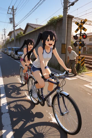 Anime Cyclists Prompt — Stable Diffusion AI Prompt: Azusa Nakano from K-On!, long straight black hair in twin tails, dark brown eyes...