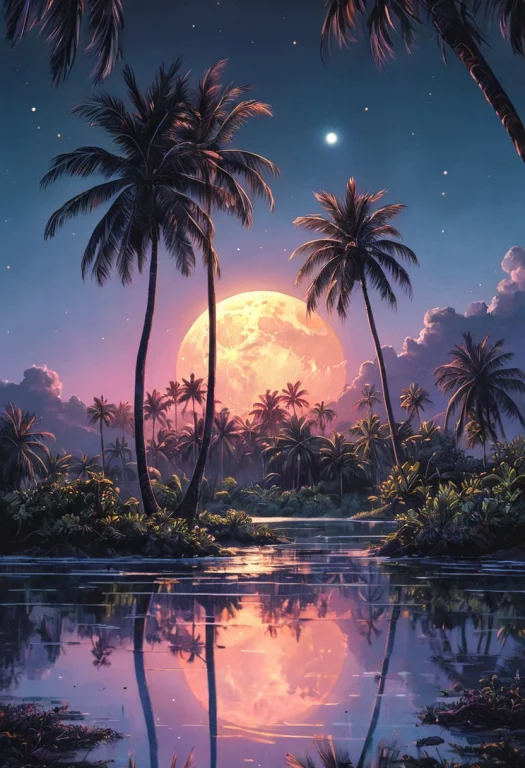 Fidji Island By Night, Full Illuminating Moon, Reflection, S...