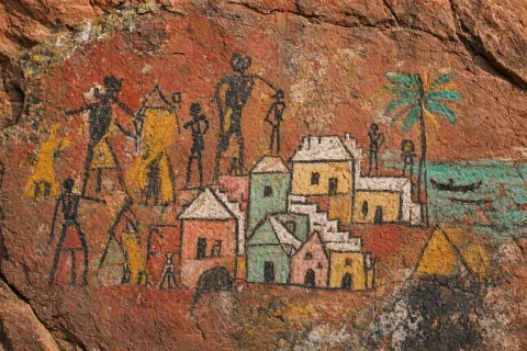 Khoisan Rock Art That Appears To Resemble A Village On Bermu... — Stable Diffusion AI Prompt: Khoisan rock art that appears to resemble a village on Bermuda