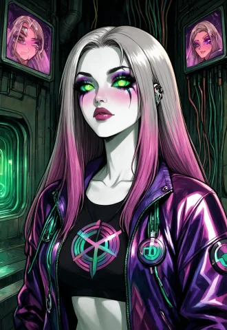 Underground Netwitch, Iridescent Jacket Covered In Patch Cab... — Stable Diffusion AI Prompt: underground netwitch, iridescent jacket covered in patch cables and hex charms,...