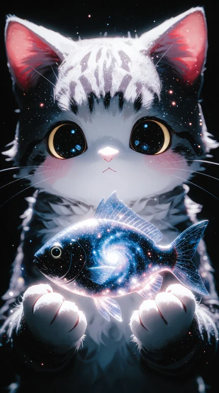 Anime-style Kemono Cosmic God Kitty Holding A Cosmic Fish Fu...