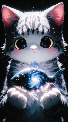 Anime Kitty Holding Cosmic Fish — Stable Diffusion AI Prompt: anime-style kemono cosmic god kitty holding a cosmic fish full of galaxies insid...