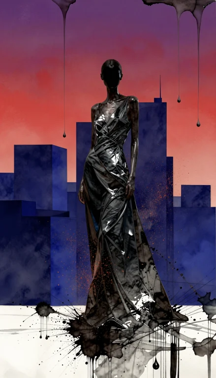 A Central Female Figure In A Flowing Black Satin Dress Stand...