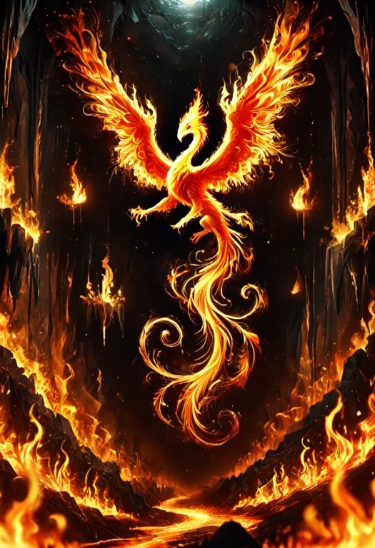 A Phoenix On Full Wing Spread Flying In The Air In A Cave