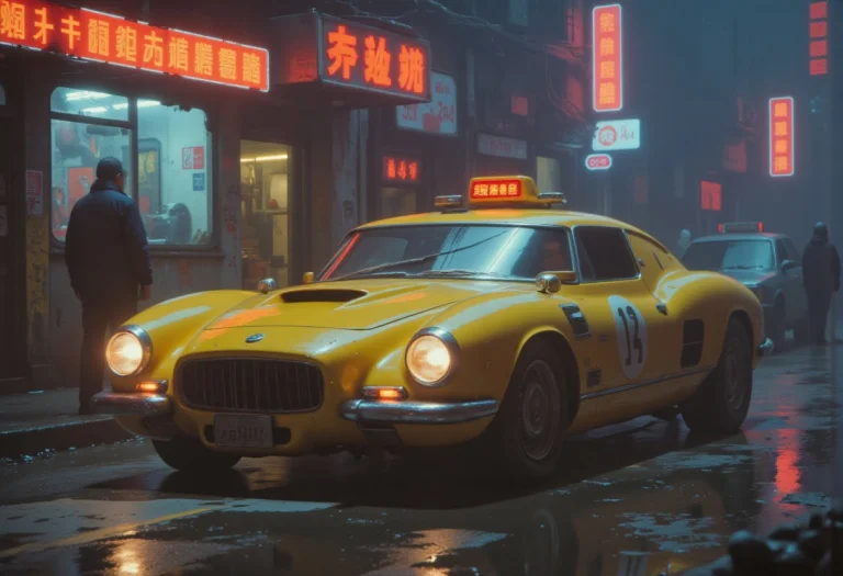 Urban Cybercore Movie, A Iconic Yellow Robotic Cabtaxi. Icon...