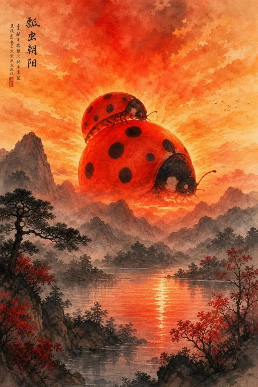 Watercolor And Ink Wash Painting Style, Surreal Red Sunrise....