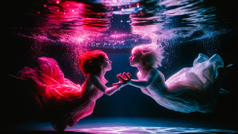 Two Women Float Underwater Facing One Another In A Dark Pool...