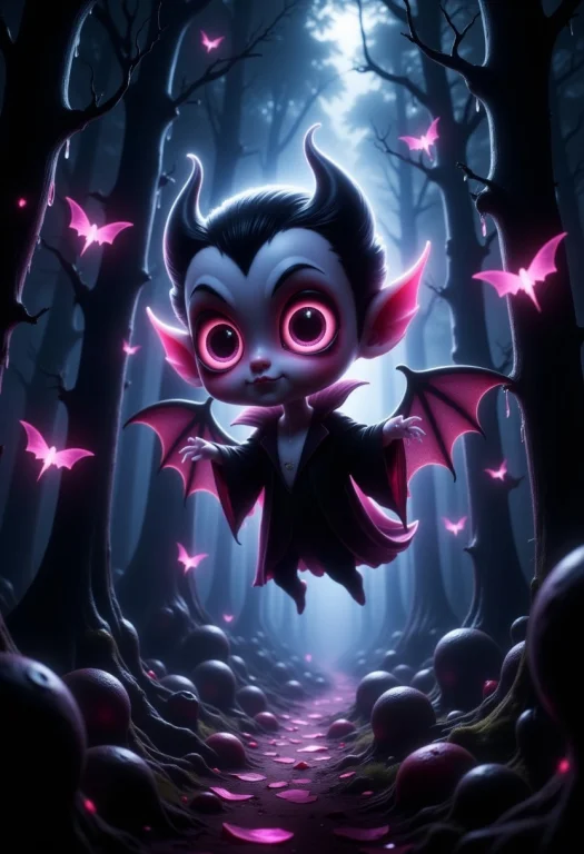 Cute Chibi Vampire With Huge Eyes Flyling Through A Dark For...