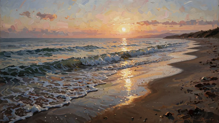 A Calm Beach At Sunrise With Small Waves Washing Ashore, Hig...