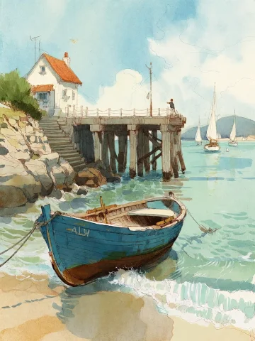 Bradhamel Art Style. A Serene Coastal Scene Rendered In Wate... — Stable Diffusion AI Prompt: Bradhamel art style. A serene coastal scene rendered in watercolor style, featur...