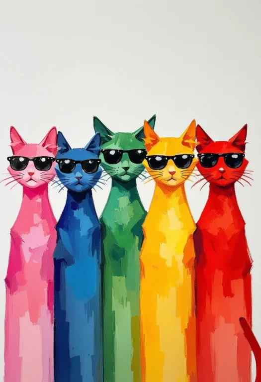 Oil Painting Of 5 Kittens In A Row Wearing Sunglasses.they A...