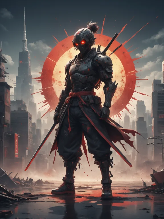 Cyber Punk Tradicional Cyborg Samurai On A Standing Warrior...