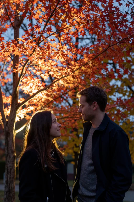 A Woman And A Man Stand Close Together Beneath A Canopy Of G...