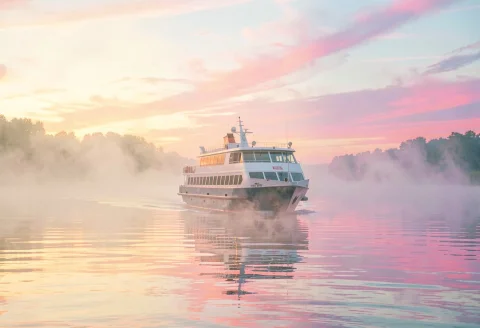 A Ferry Crossing Calm Water At First Light, Psychedelic Art,... — Stable Diffusion AI Prompt: a ferry crossing calm water at first light, psychedelic art, minimalist framing,...