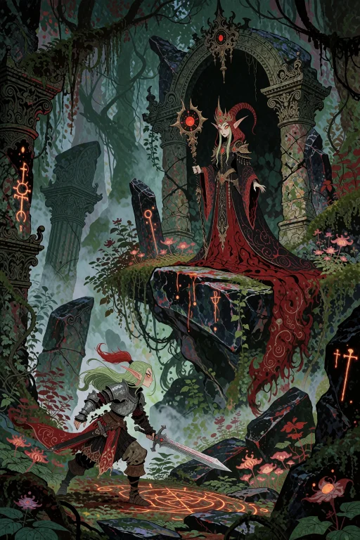 Dark Fantasy Visual Novel Scene. Gloomy, Dense Ancient Fores...