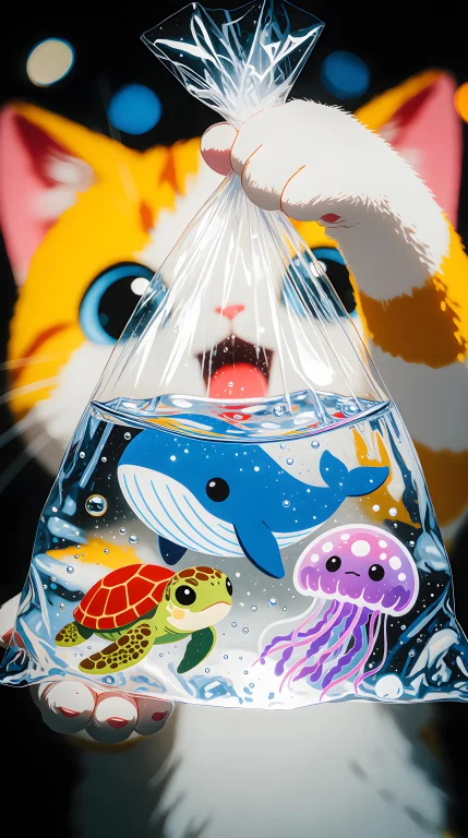 An Excited Anime-style Kitty Holding A Tied Plastic Baggie F...