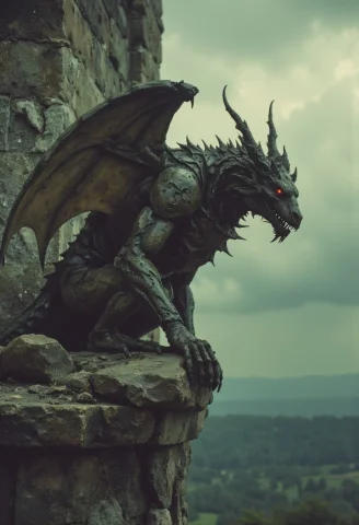 Gargoyle Perched On The Broken Parapet Of An Ancient Fortres... — FLUX AI Prompt: Gargoyle perched on the broken parapet of an ancient fortress, its stone body co...