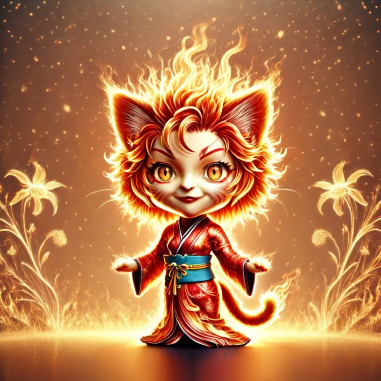 A 3d Chibi Anime Red Hair Cat Girl Wear Fire Kimono