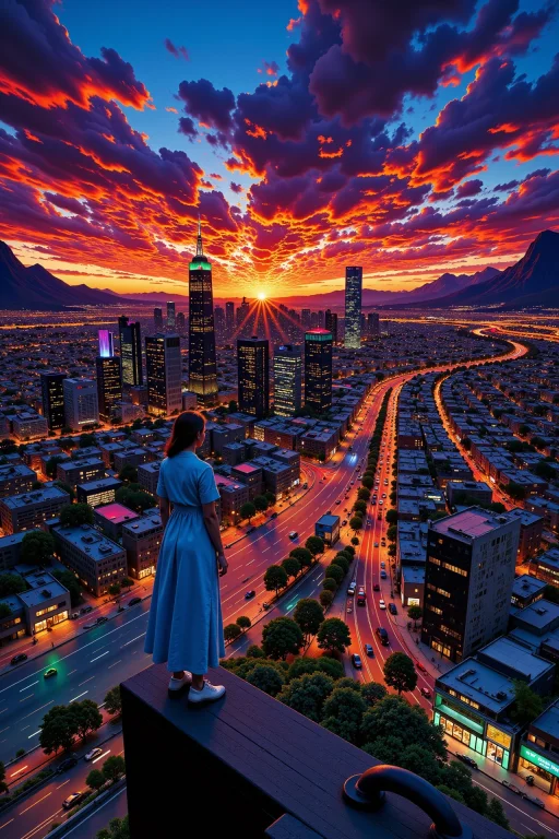 1980s 80s City Beautiful Landscape, Dusk, Woman, Very Intric...