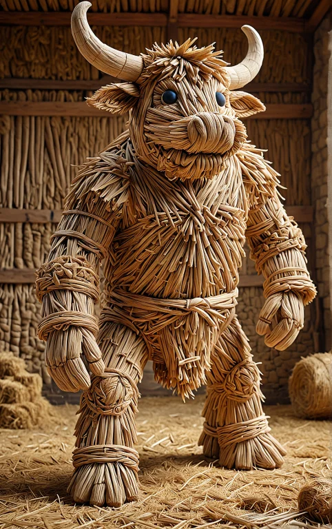 Spanish Straw Bull Sculpture Make Handstand On One Front Leg...